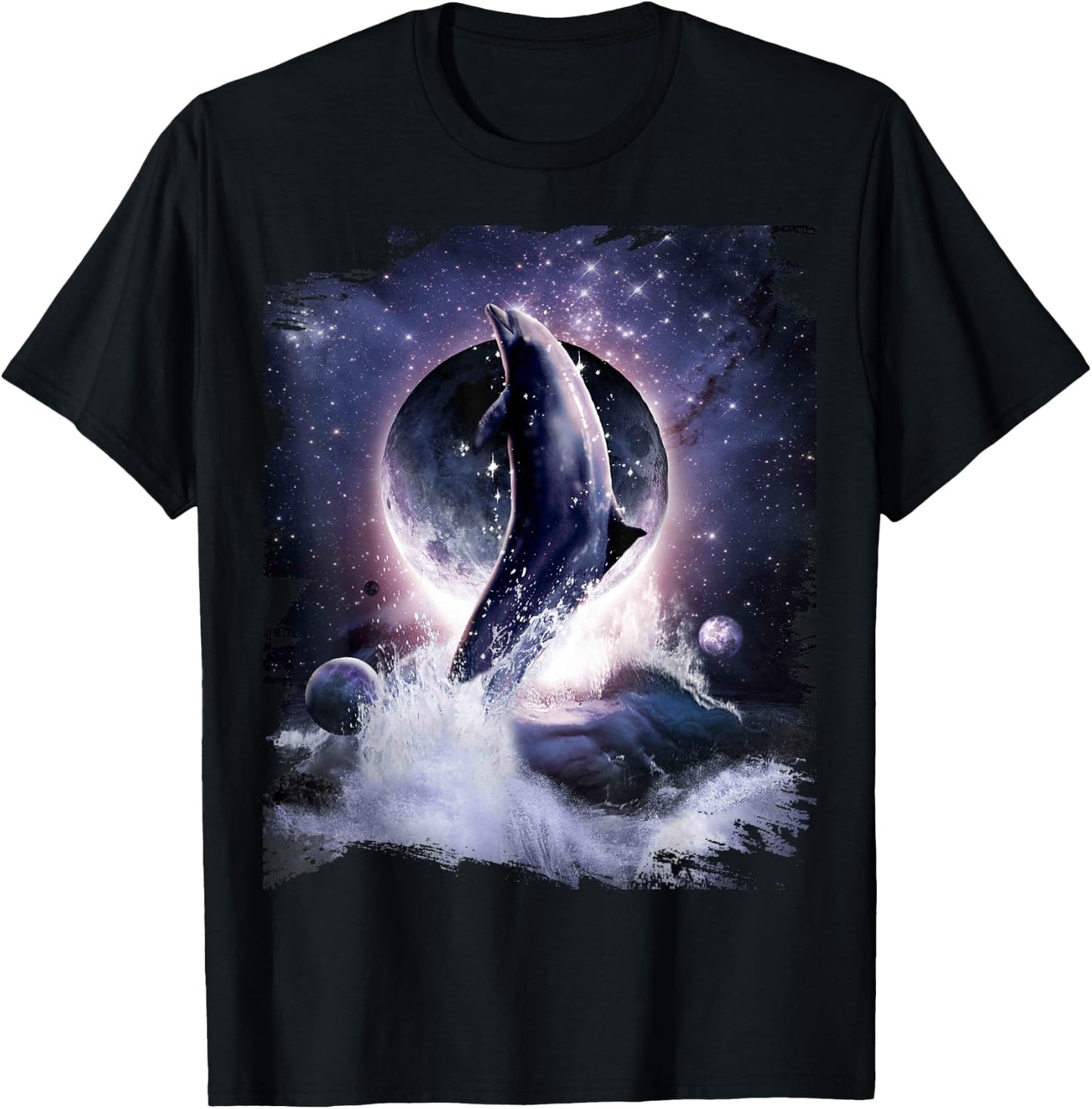 Moon Dolphin Space Galaxy Dolphins T-Shirt - T-Shirt | Black