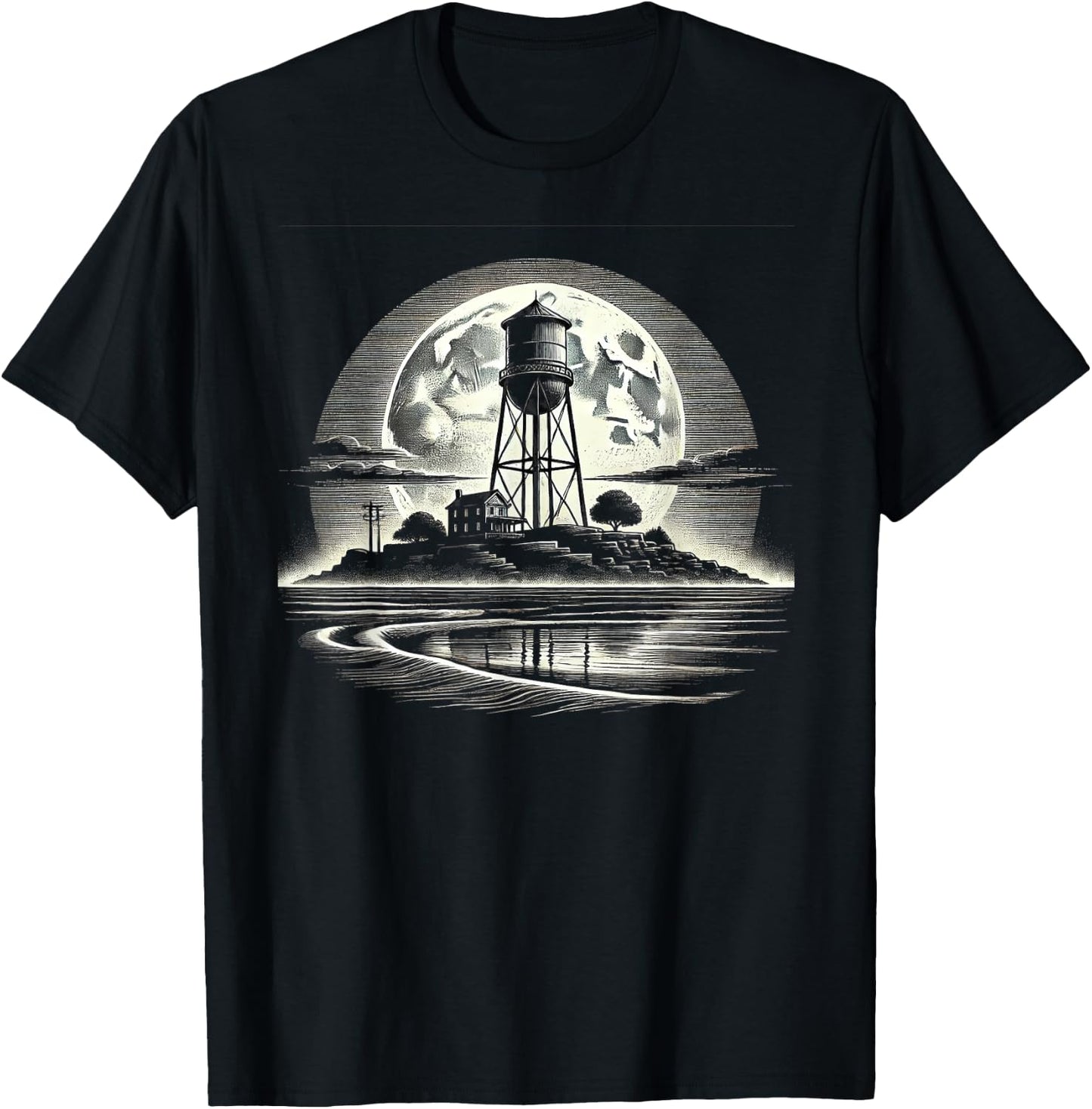 Rustic Water Tower Design - Moonlight Night T-Shirt - T-Shirt | Black