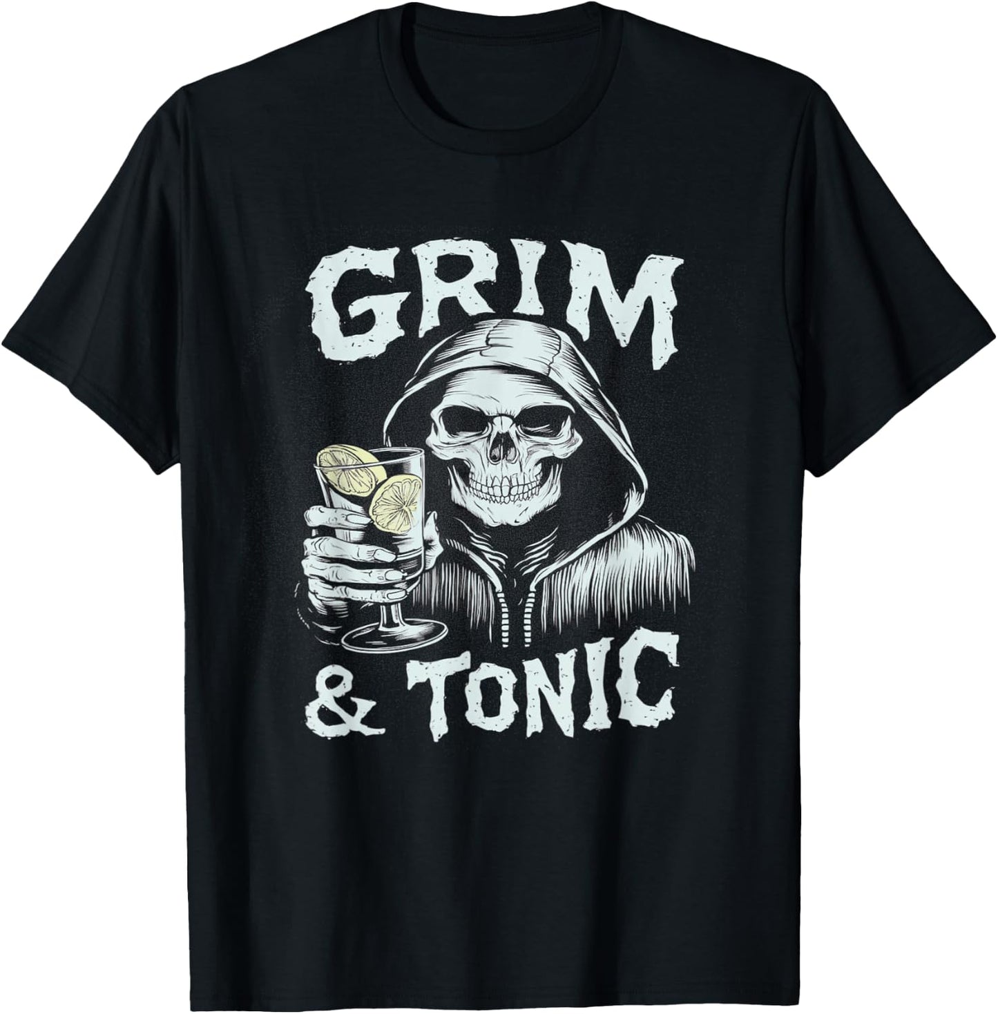 Grim & Tonic Skeleton Drinking GIn Halloween Alcohol Pun T-Shirt - T-Shirt | Black