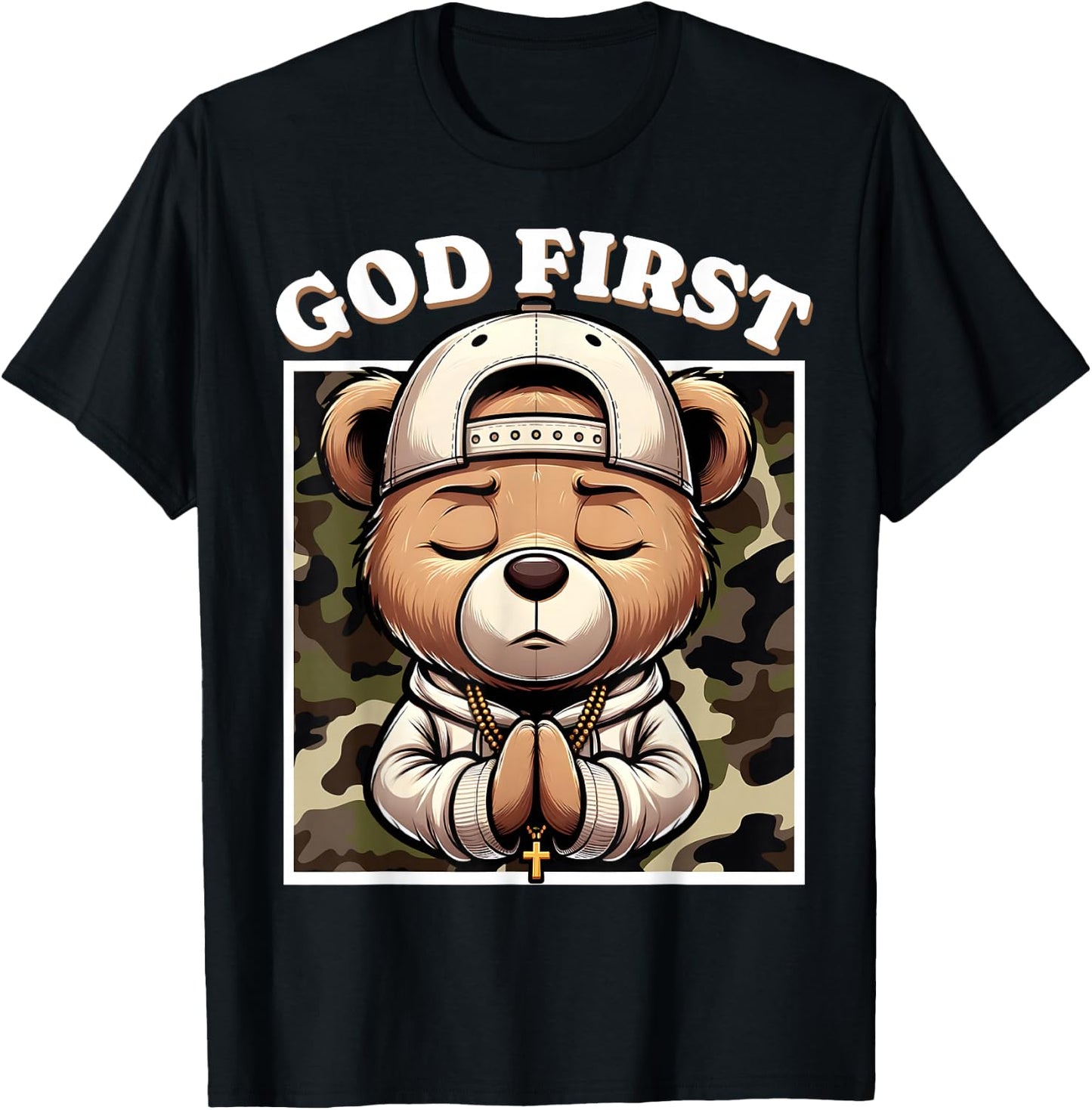 God First Hip Hop Camo Teddy Bear Christian Streetwear Pray T-Shirt - T-Shirt | Black