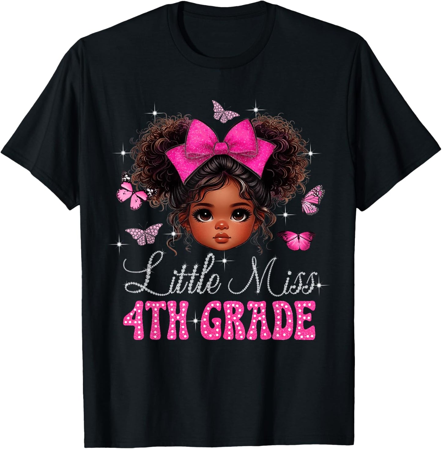 Little Miss 4th Grade Messy Bun Black Girls Back To School T-Shirt - T-Shirt | Black