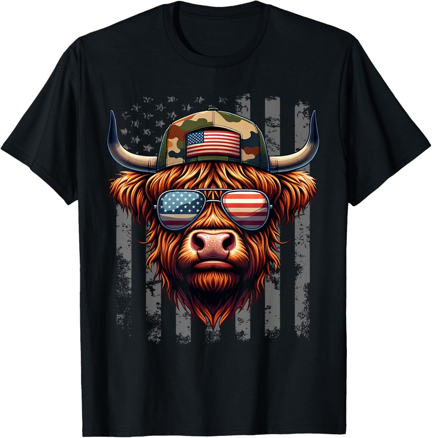Highland Cow 4th July USA Flag Dad Father America Men Boys T-Shirt - T-Shirt | Black