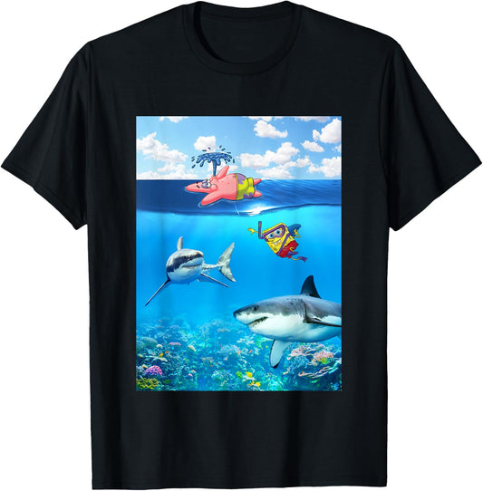 SpongeBob SquarePants & Patrick Swimming With Sharks T-Shirt - T-Shirt | Black