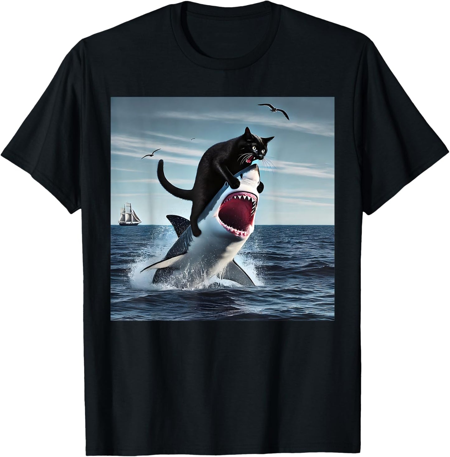 funny Art & Cat Lover Quote Cat Biting Shark Cool Black Cat Men Women T-Shirt - T-Shirt | Black