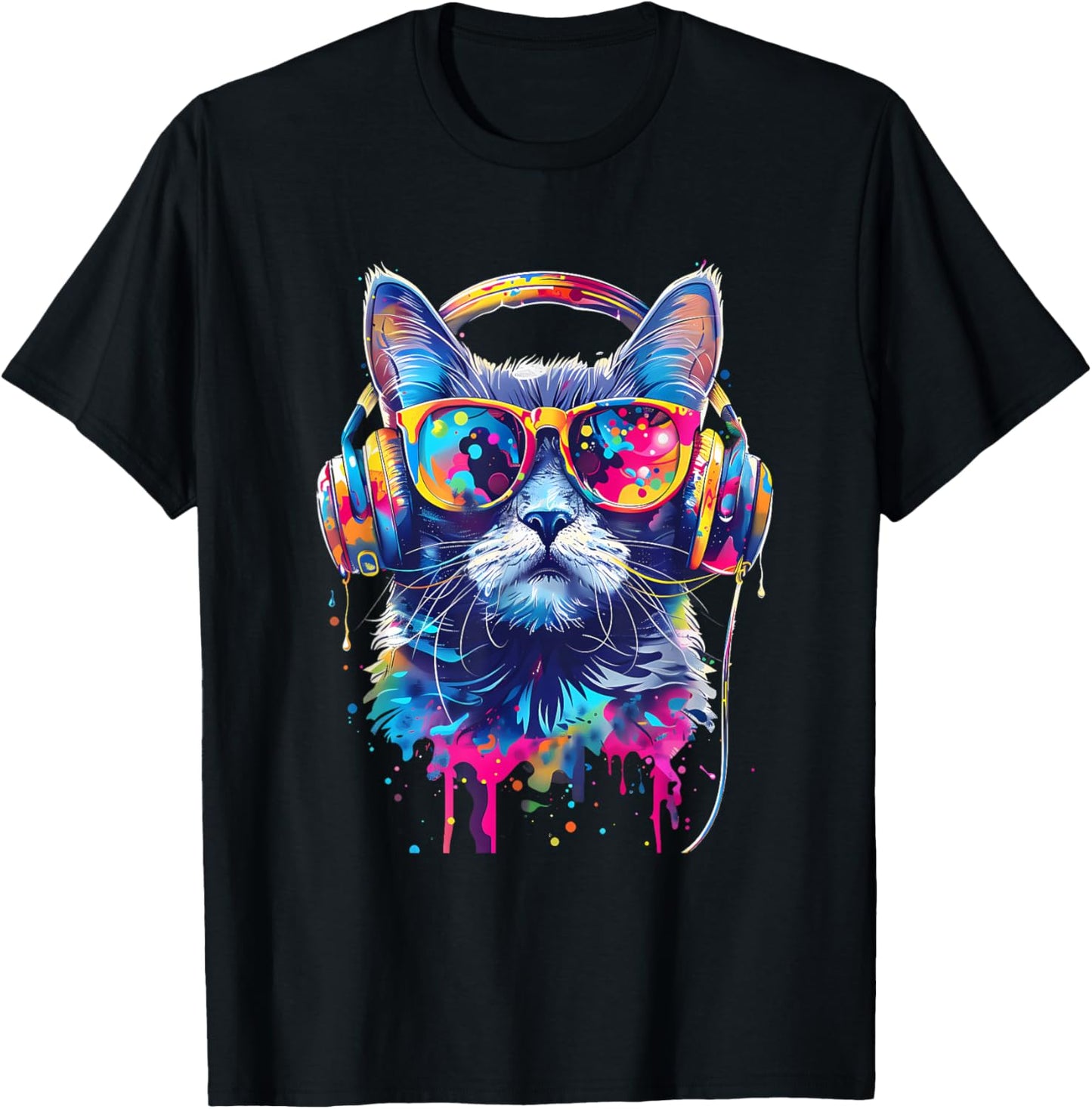 DJ Cat Music Headphones Beatmaker EDM Cat Music DJ Splash T-Shirt - T-Shirt | Black