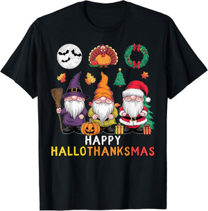 Happy Hallothanksmas Christmas Halloween Gnomes Thanksgiving T-Shirt - T-Shirt | Black