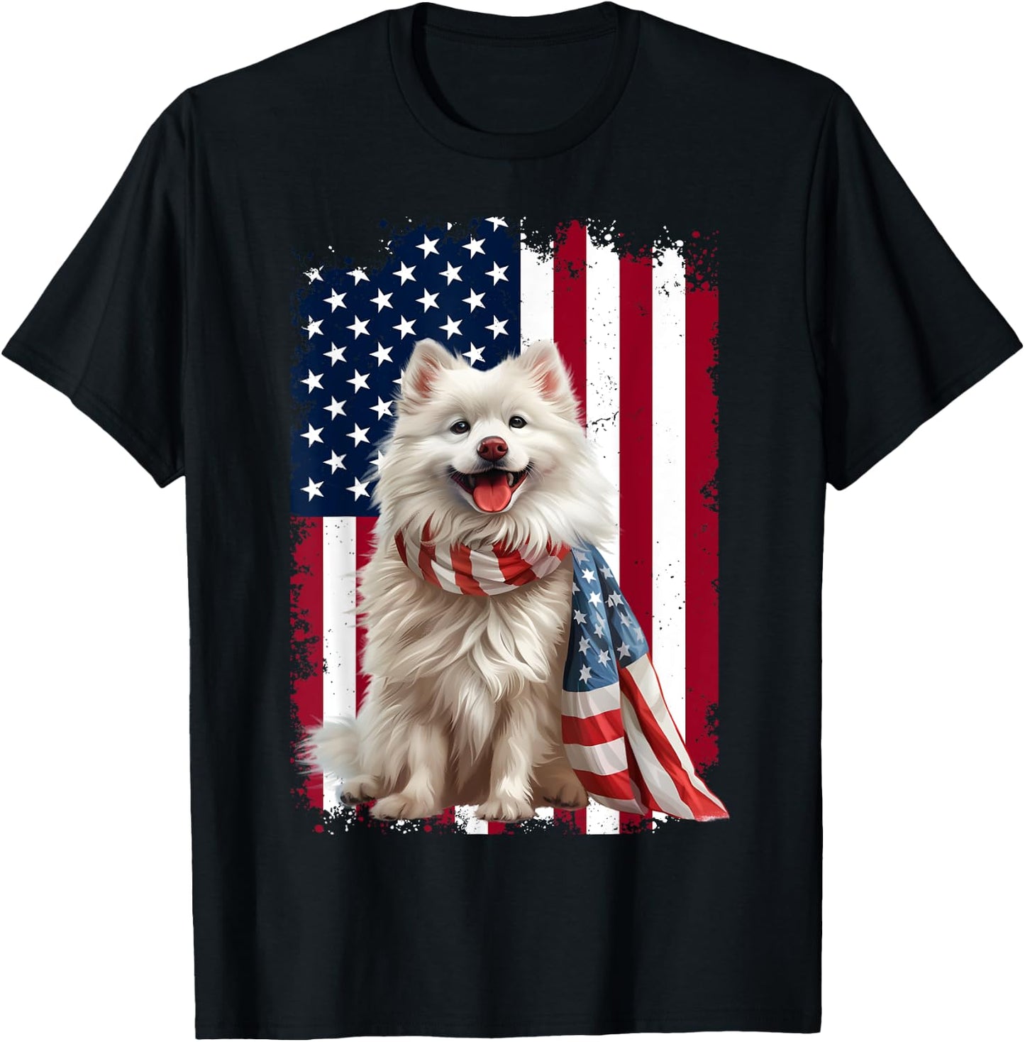 American Eskimo Dog American Flag 4th Of July Eskimo Lovers Women Kids Men T-Shirt - T-Shirt | Black