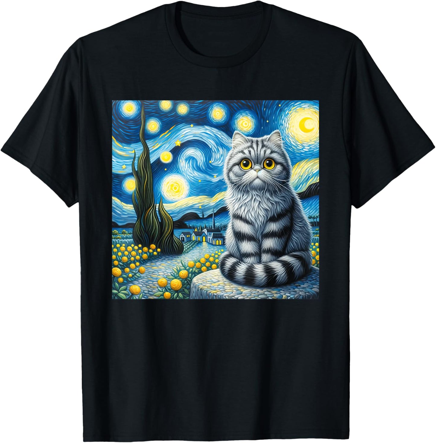 Cute Cat Van Gogh Starry Night Art painting Artistic T-Shirt - T-Shirt | Black