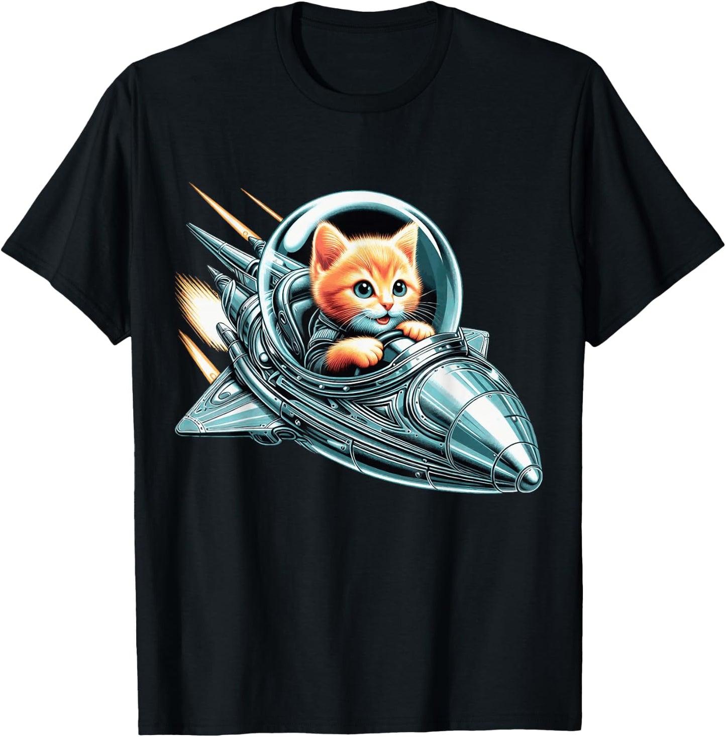 Space Kitten Spaceship Cat Cute Futuristic Galaxy Galactic T-Shirt - T-Shirt | Black