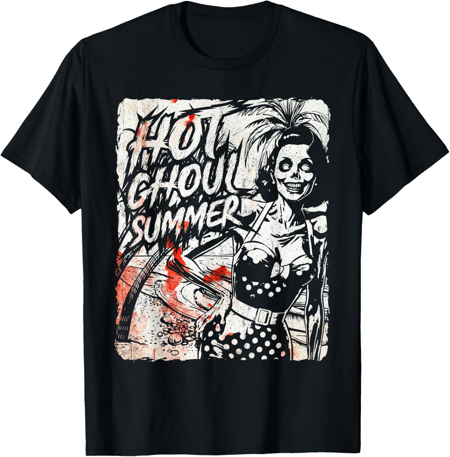 Vintage Hot Ghoul Summer Vibes Halloween Beach Lover Spooky T-Shirt - T-Shirt | Black