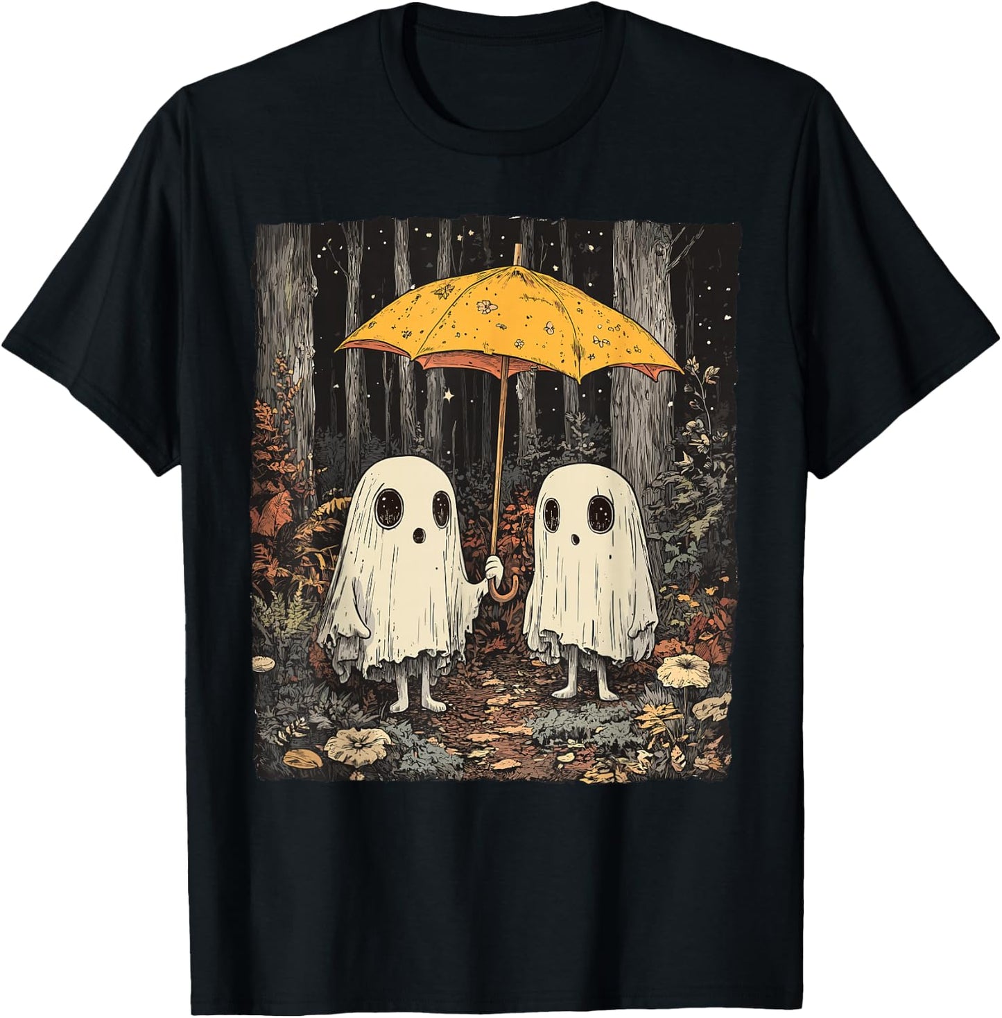 Vintage Floral Ghost Halloween Ghost in the Forest Gothic T-Shirt - T-Shirt | Black