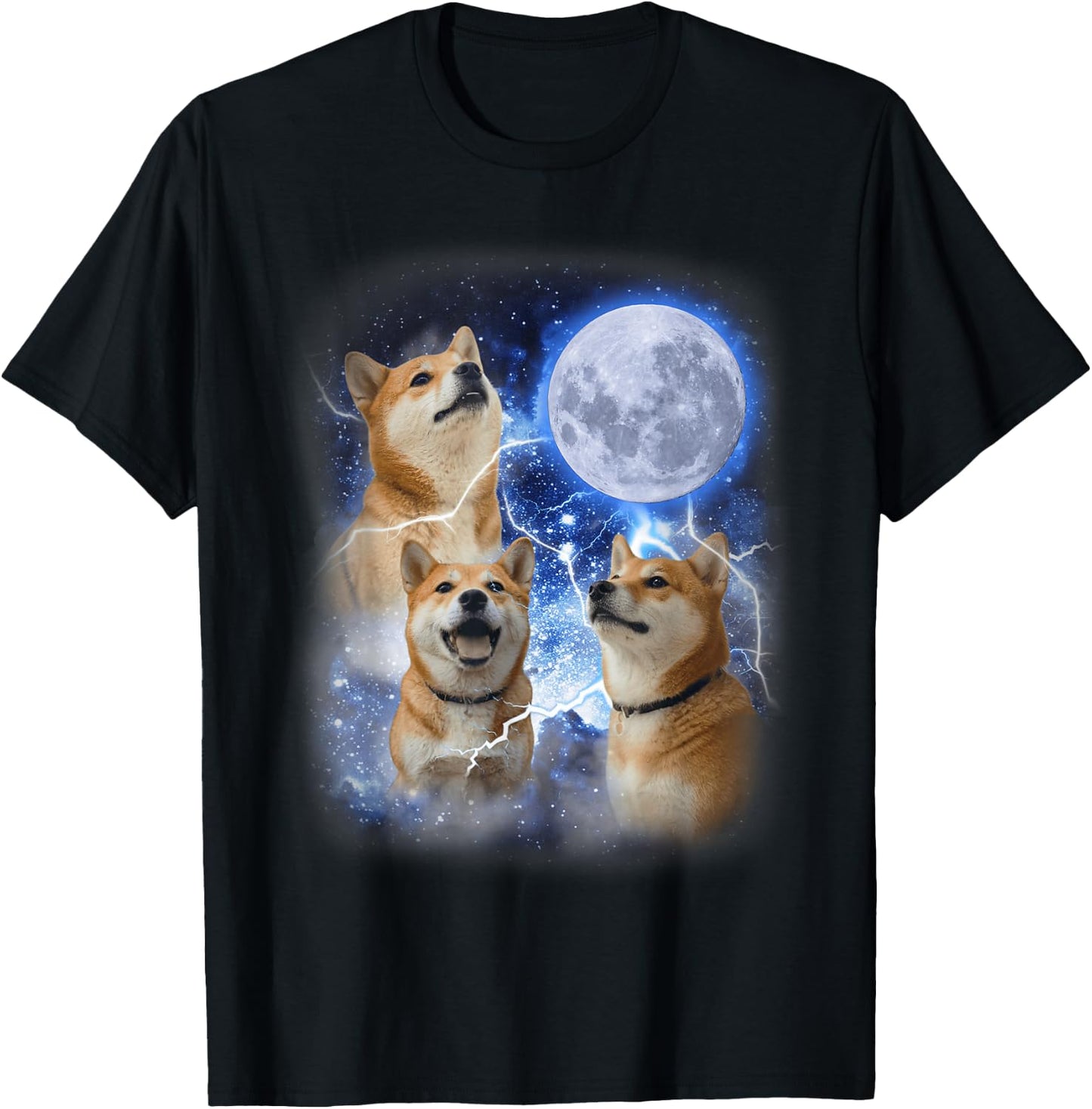 Three Shiba Inu Moon - 3 Doge Funny Cute Dog Meme Parody T-Shirt - T-Shirt | Black