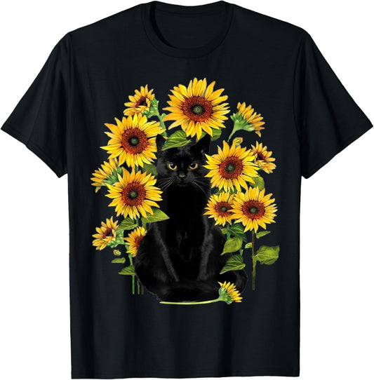 Black Cat Kitten Sunflower Funny Cute Cat Pet Sunflower T-Shirt - T-Shirt | Black
