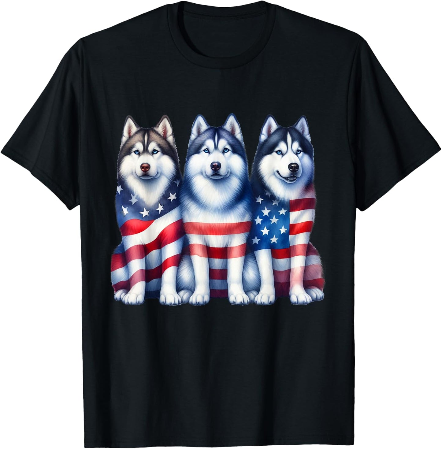 Three Husky Dog American USA Flag 4th of July Dog Lover Women Kids Men T-Shirt - T-Shirt | Black