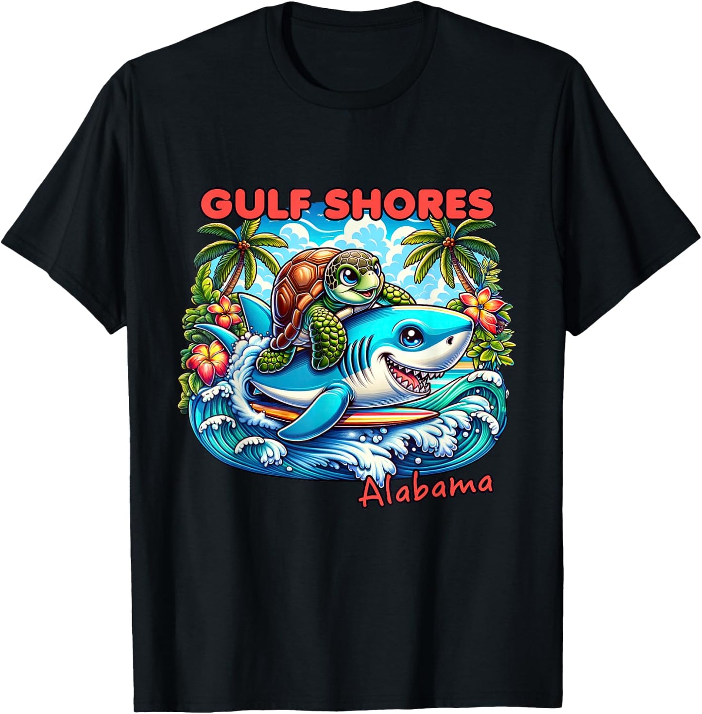 Gulf Shores Alabama Beach Turtle and Shark T-Shirt - T-Shirt | Black