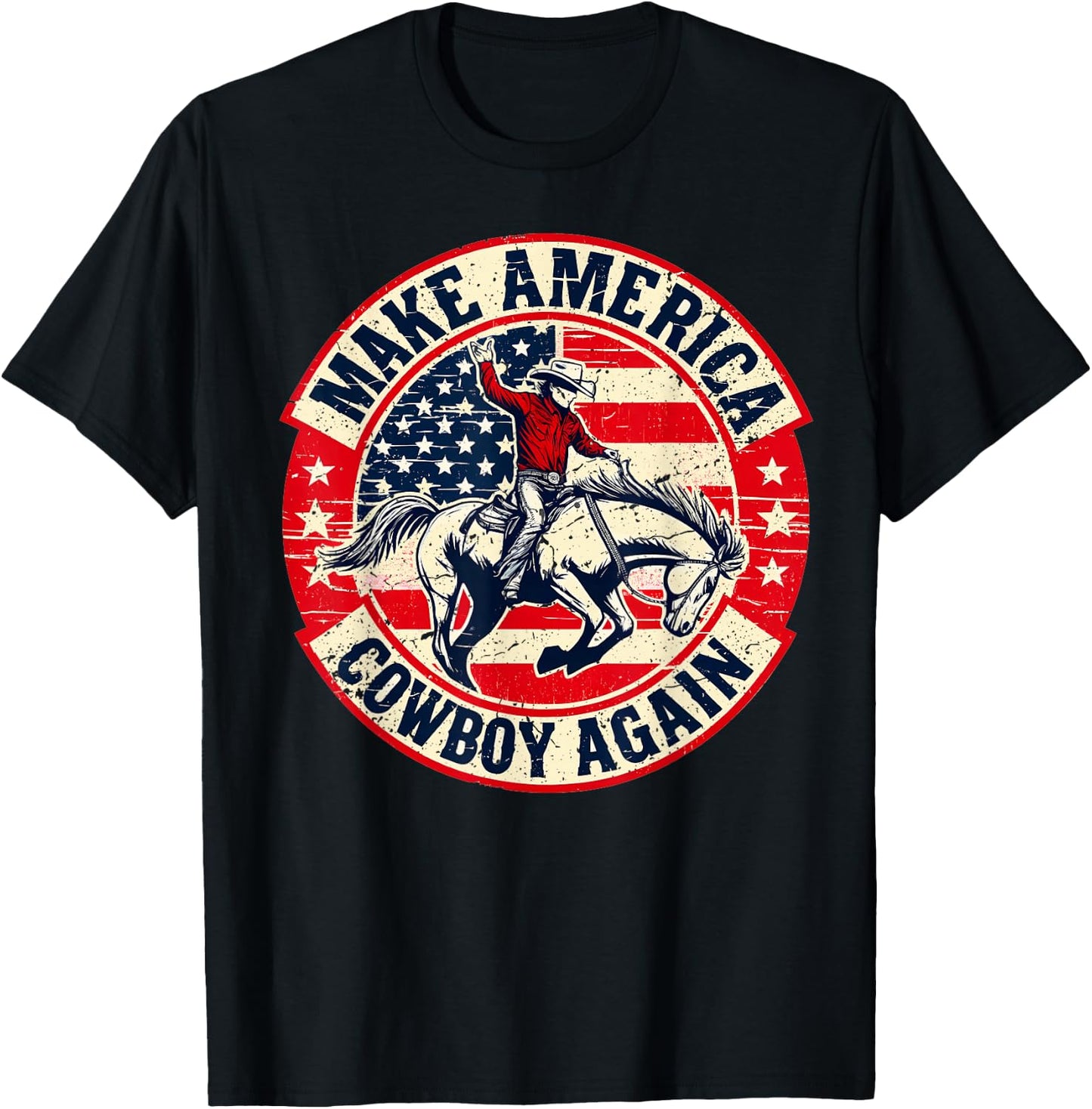 Vintage Western Rodeo USA Flag Makes America A Cowboy Again T-Shirt - T-Shirt | Black