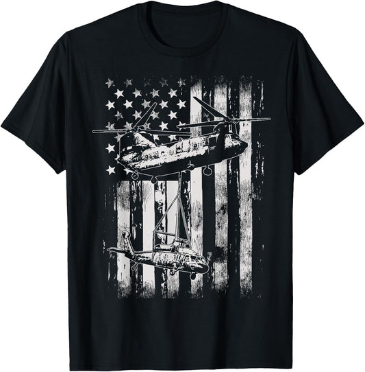 Vintage Chinook Helicopter American Flag T-Shirt - T-Shirt | Black