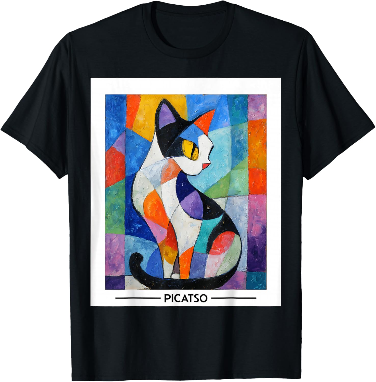 Abstract Cubist Cat Art Design -- Bold Colorful Picatso Gato T-Shirt - T-Shirt | Black