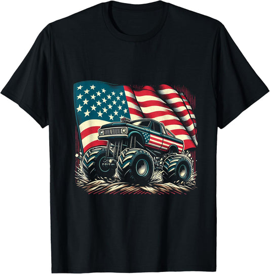 Patriotic USA Monster Truck Adult T-Shirt - T-Shirt | Black