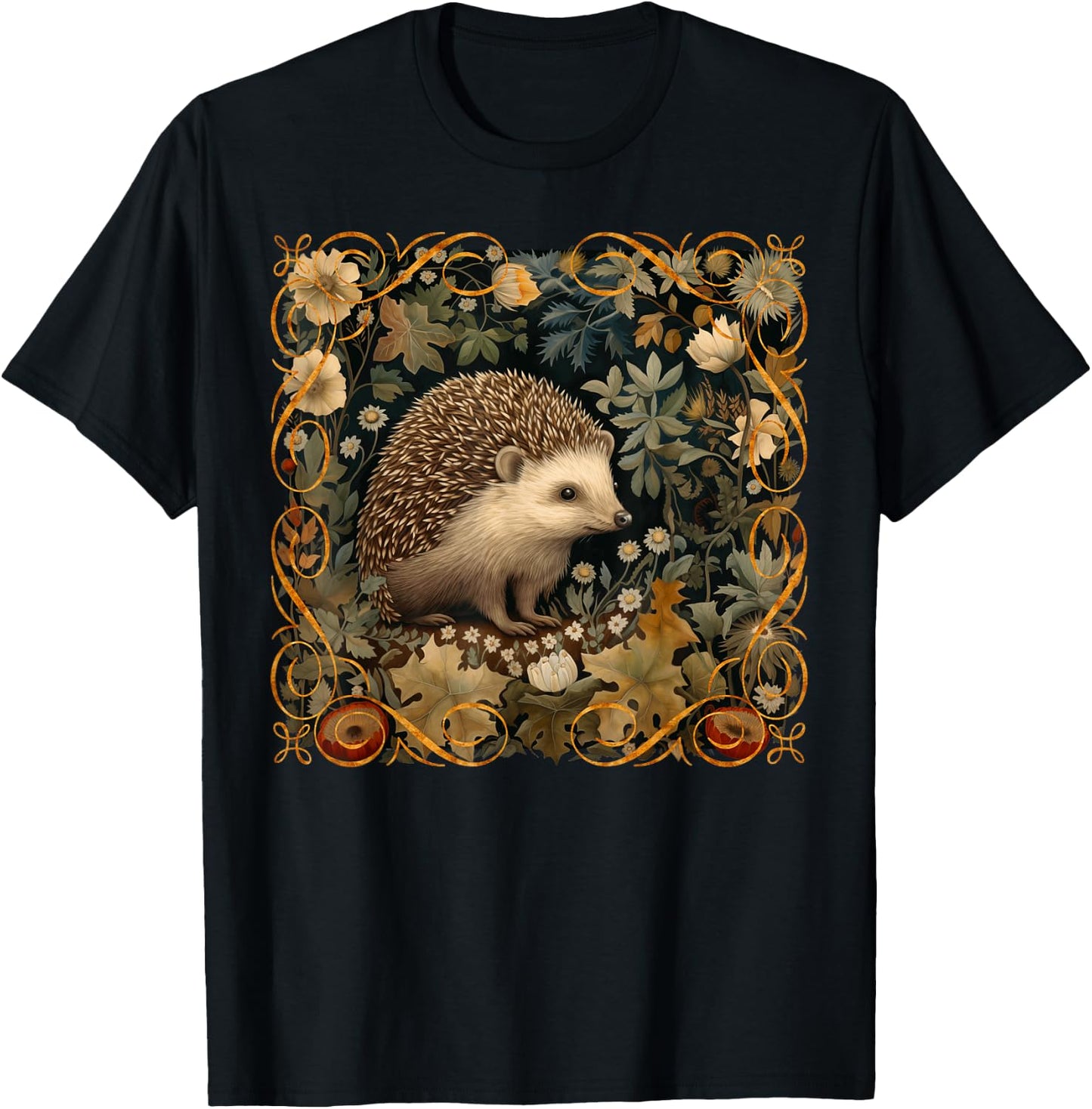 Hedgehog in a Forest William Morris Style T-Shirt - T-Shirt | Black