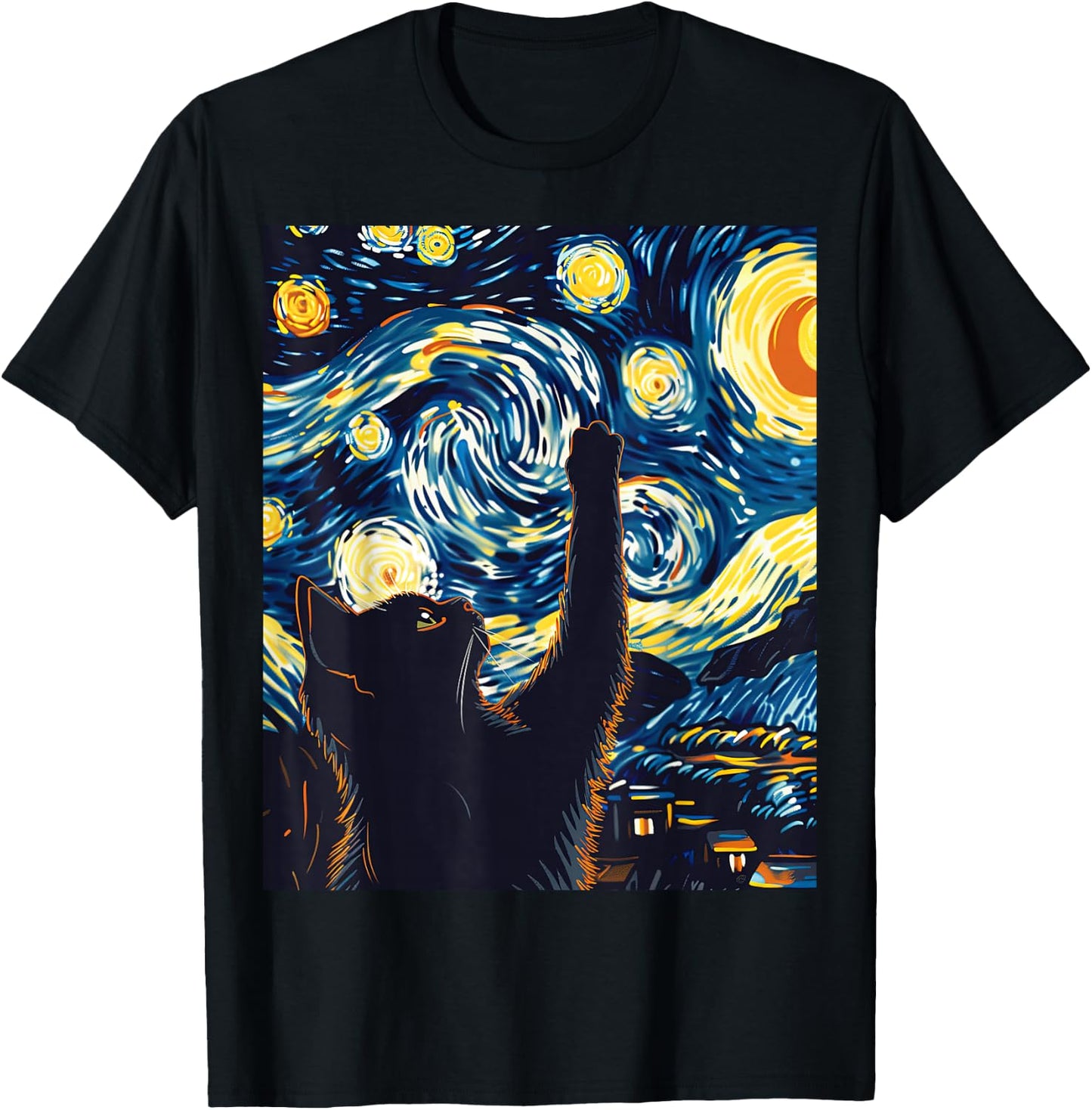 Cute Cat Van Gogh Style Starry Night Art T-Shirt - T-Shirt | Black