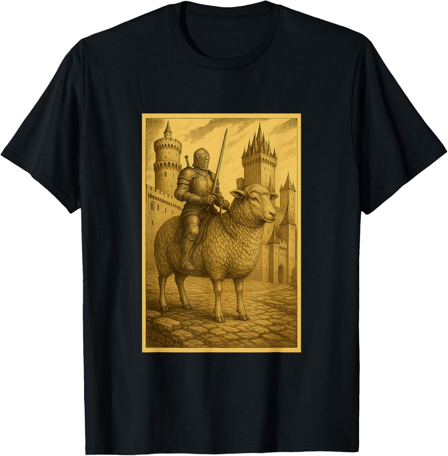 Medieval Knight Riding a Sheep Fantasy Art Surreal Rider T-Shirt - T-Shirt | Black