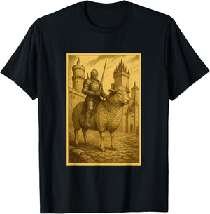 Medieval Knight Riding a Sheep Fantasy Art Surreal Rider T-Shirt - T-Shirt | Black