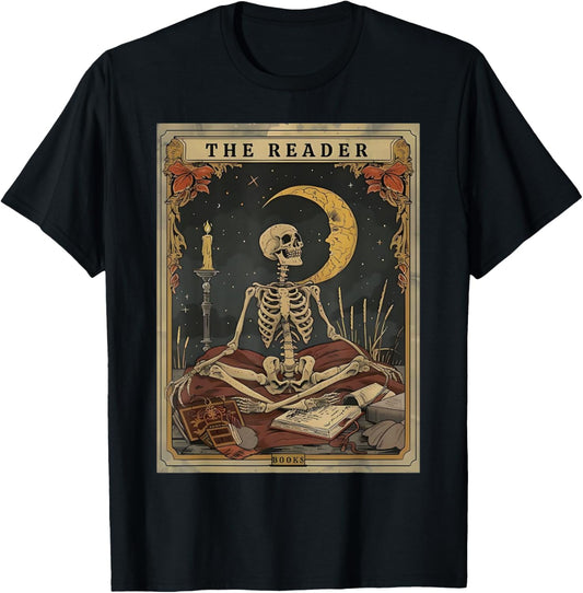 Books Lover Book Novels Reading Halloween Costumes Cottagecore Skeleton Aesthetic Tarot Card The Reader Graphic T-Shirt - T-Shirt | Black
