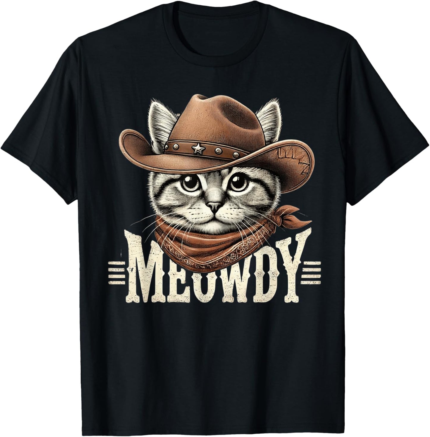 Meowdy Cat Funny Texas Cat Vintage Country Music Cat Cowboy T-Shirt - T-Shirt | Black