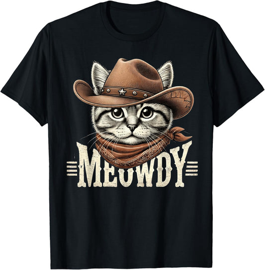 Meowdy Cat Funny Texas Cat Vintage Country Music Cat Cowboy T-Shirt - T-Shirt | Black