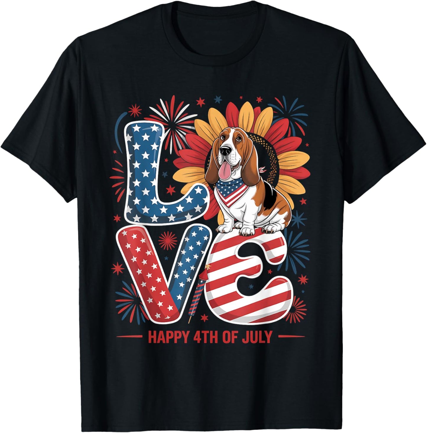 Funny Love Basset Hound Dog USA Flag Patriotic 4th Of July Women Kids T-Shirt - T-Shirt | Black