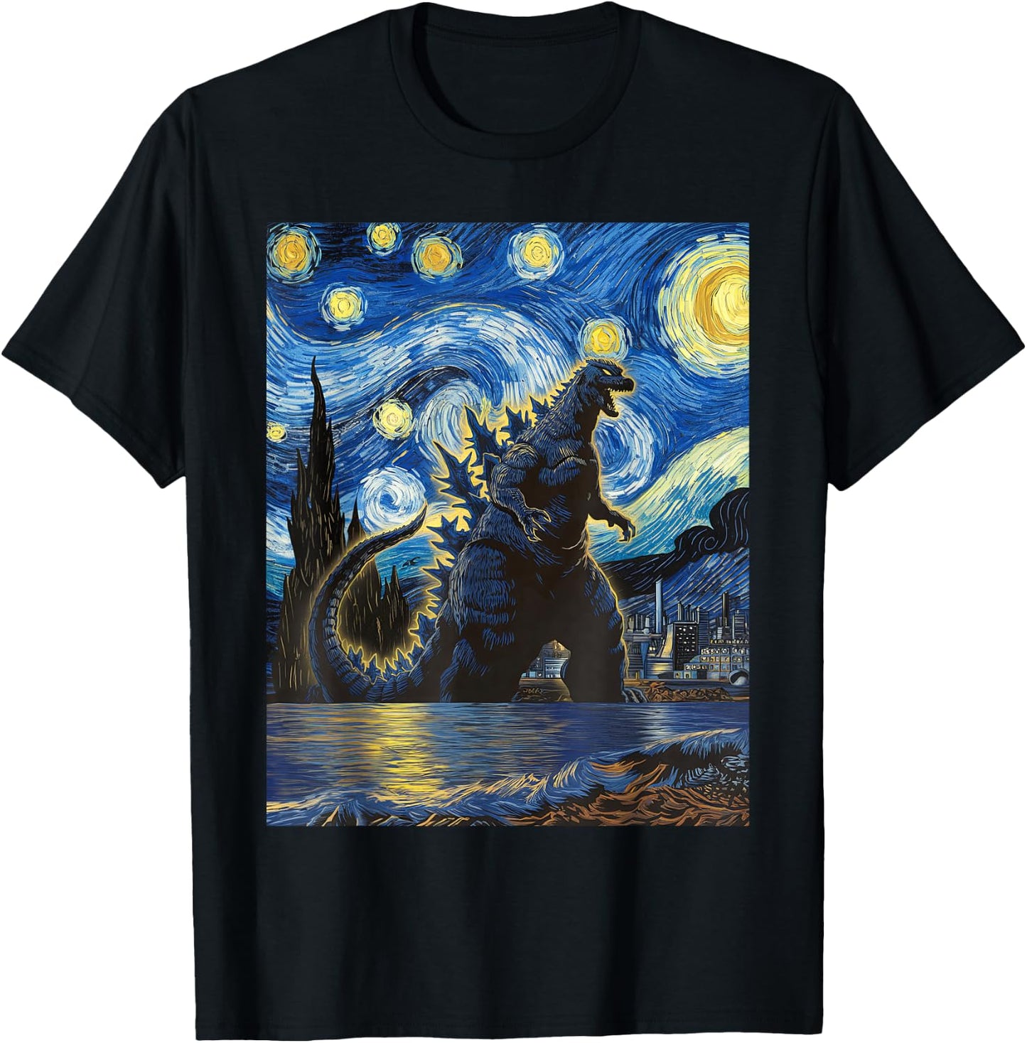 Vintage Japanese Monster Kaiju in Van Gogh Starry Night Art T-Shirt - T-Shirt | Black