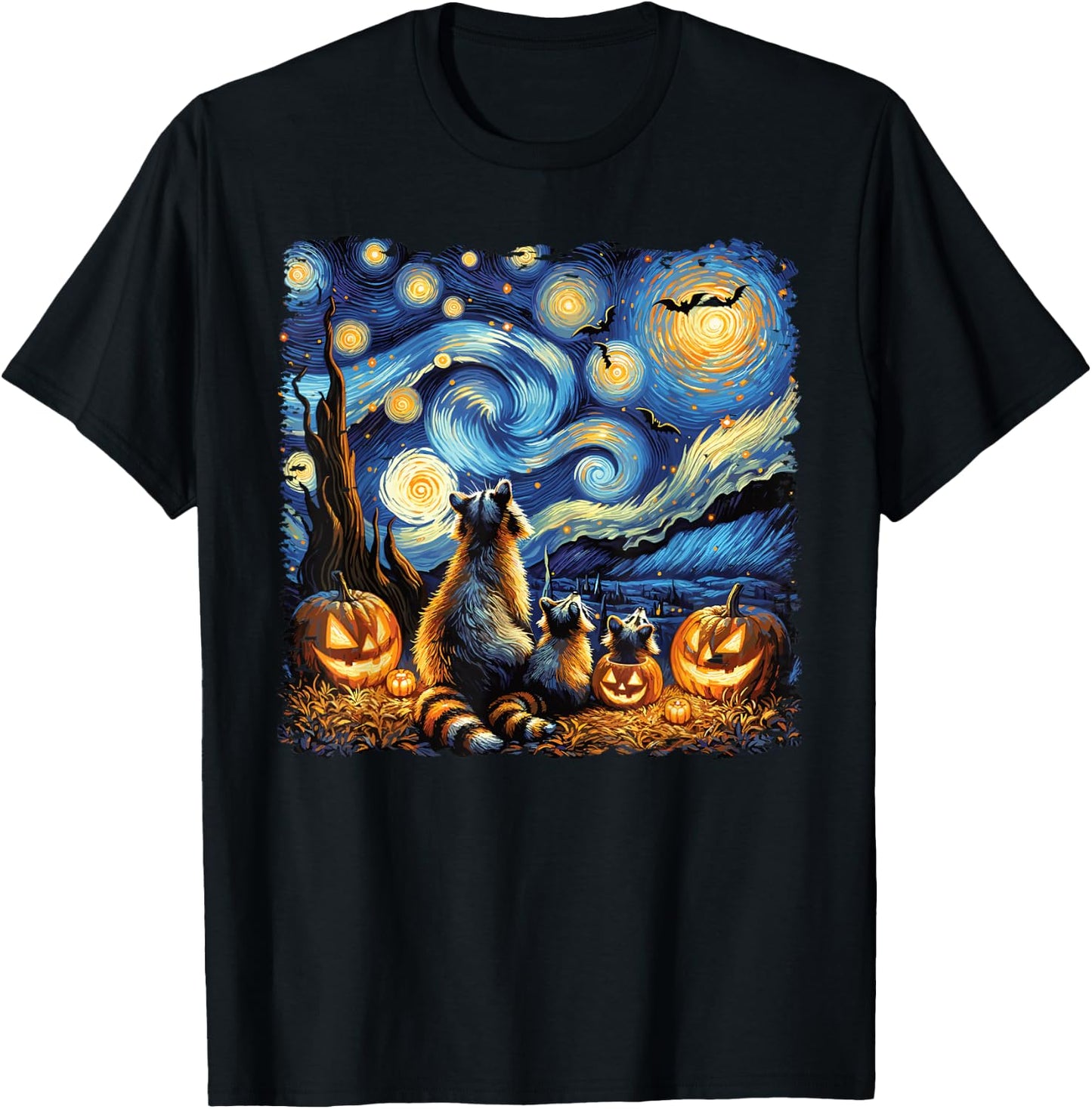 Halloween Fall Raccoon Van Gogh Starry Night Bats & Pumpkins T-Shirt - T-Shirt | Black