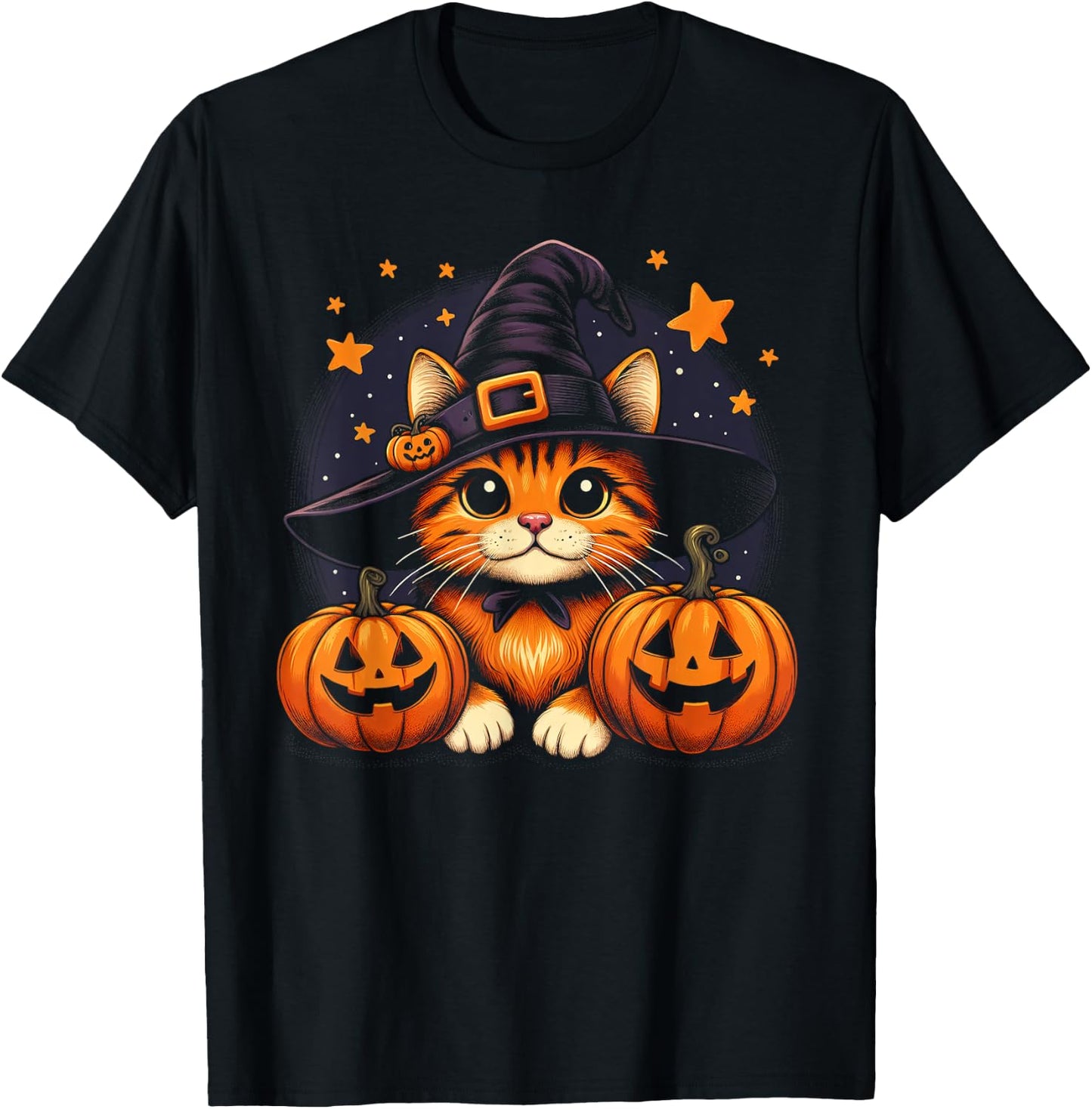 Orange Tabby Cat Halloween Graphic Women Cat Lover T-Shirt - T-Shirt | Black