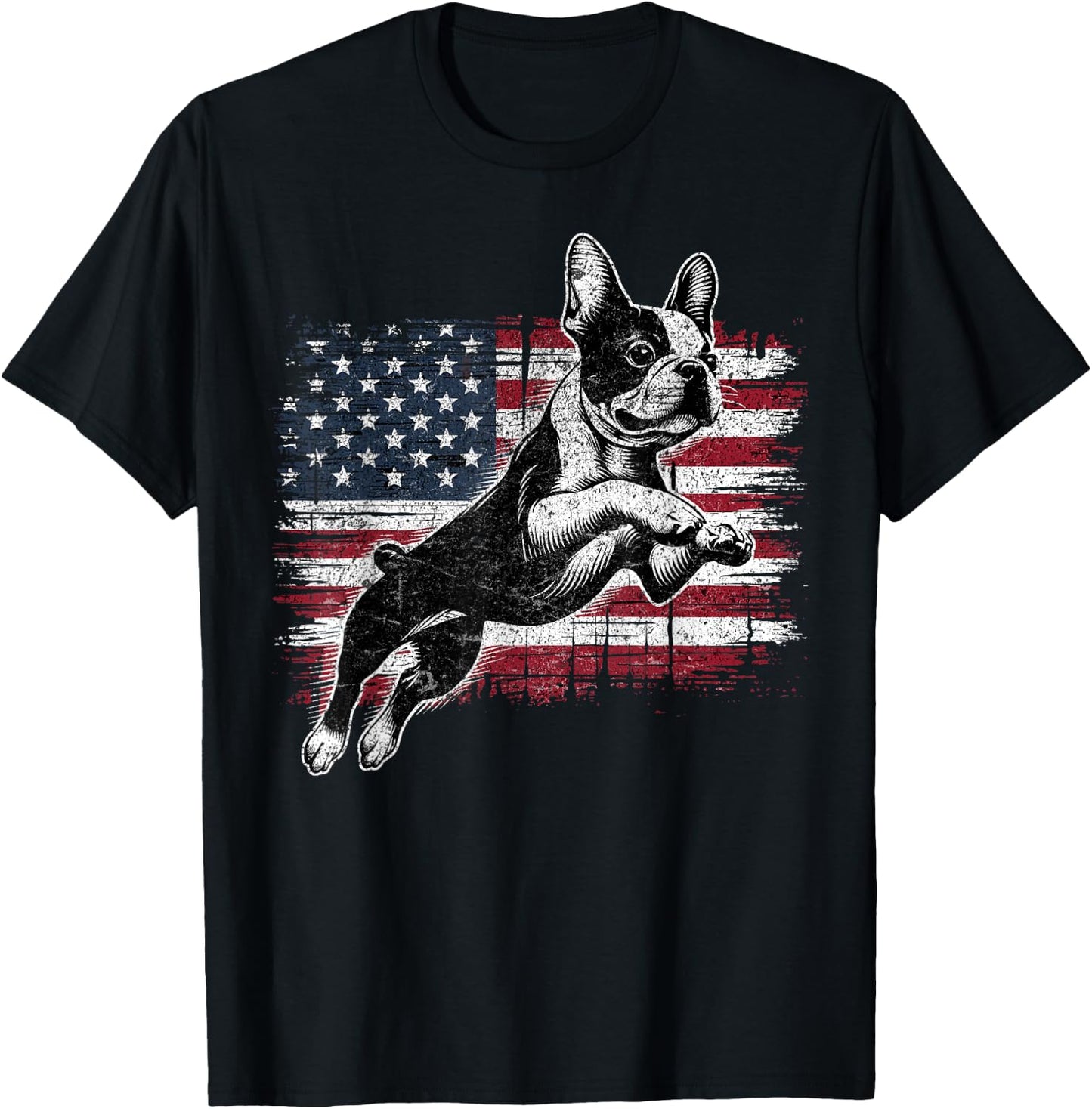Boston Terrier Dog American Flag 4th of July Patriotic Puppy T-Shirt - T-Shirt | Black