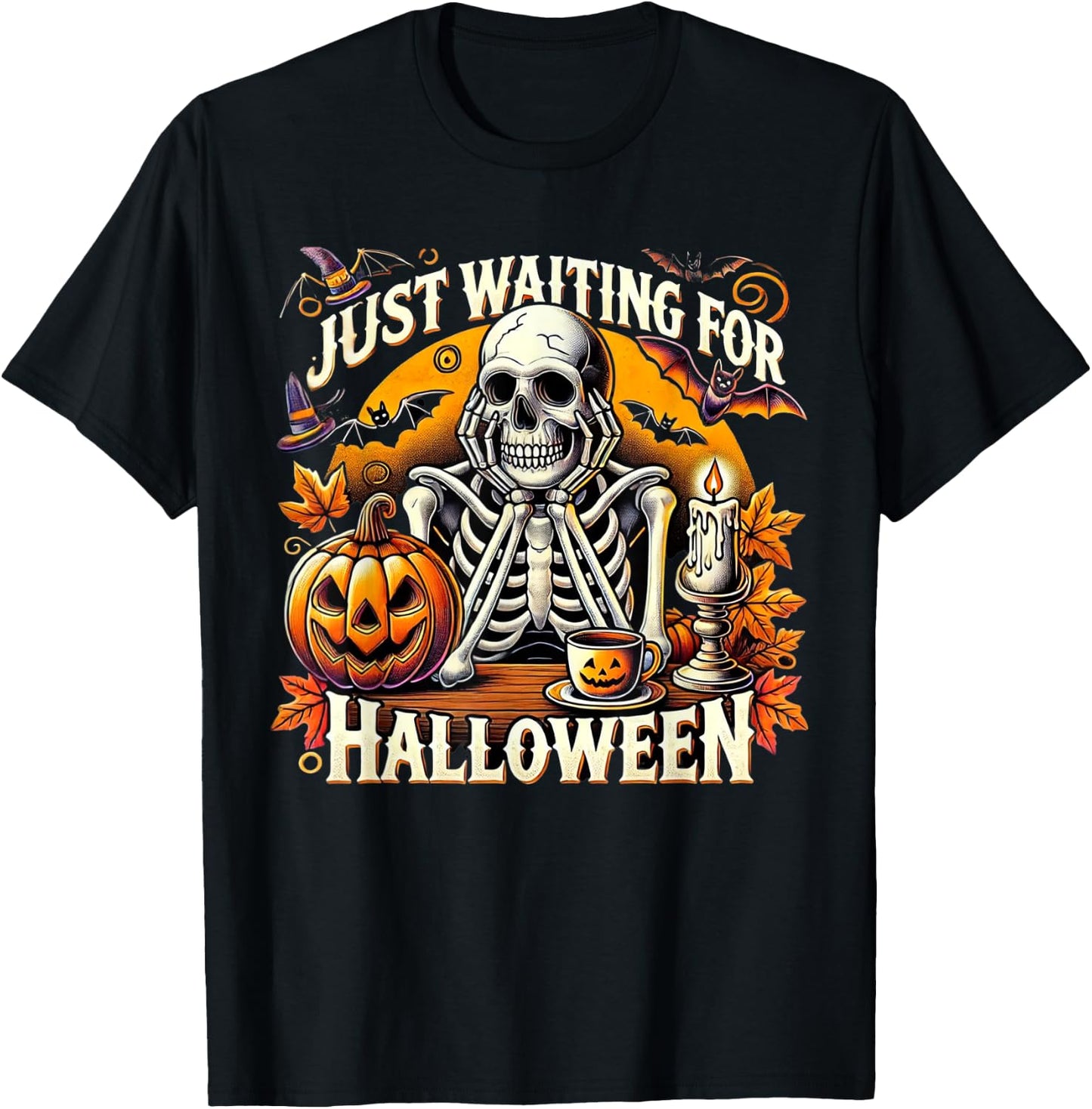 Just Waiting for Halloween Skeleton Coffee Spooky Season T-Shirt - T-Shirt | Black