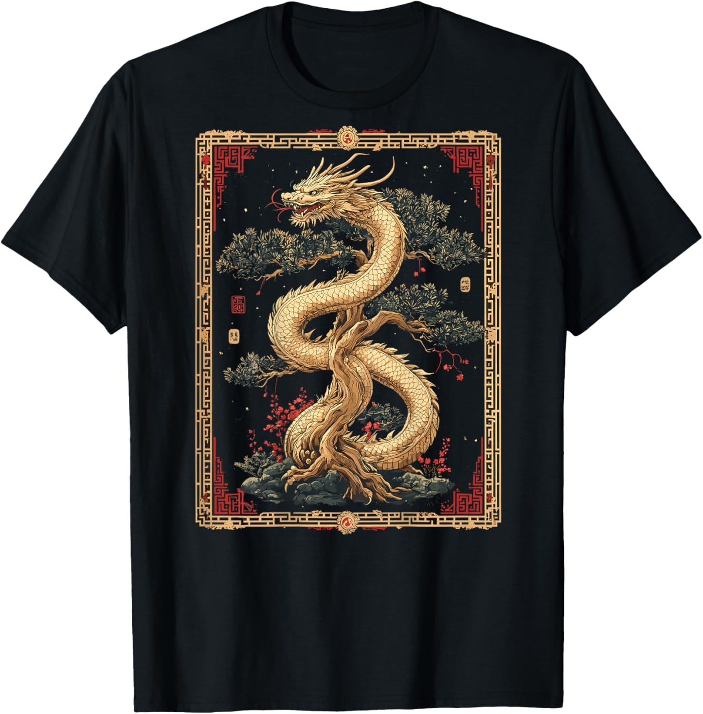 Chinese Dragon Bonsai Back Printed Graphic T-Shirt - T-Shirt | Black