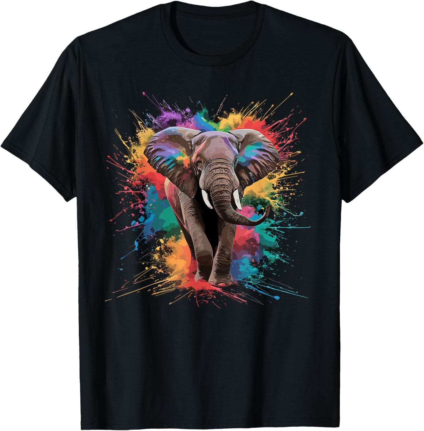 Colorful Paint Splash Elephant Art Graphic T-Shirt - T-Shirt | Black
