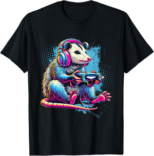 Funny Distressed Possum Gaming Retro Opossum Video Games T-Shirt - T-Shirt | Black