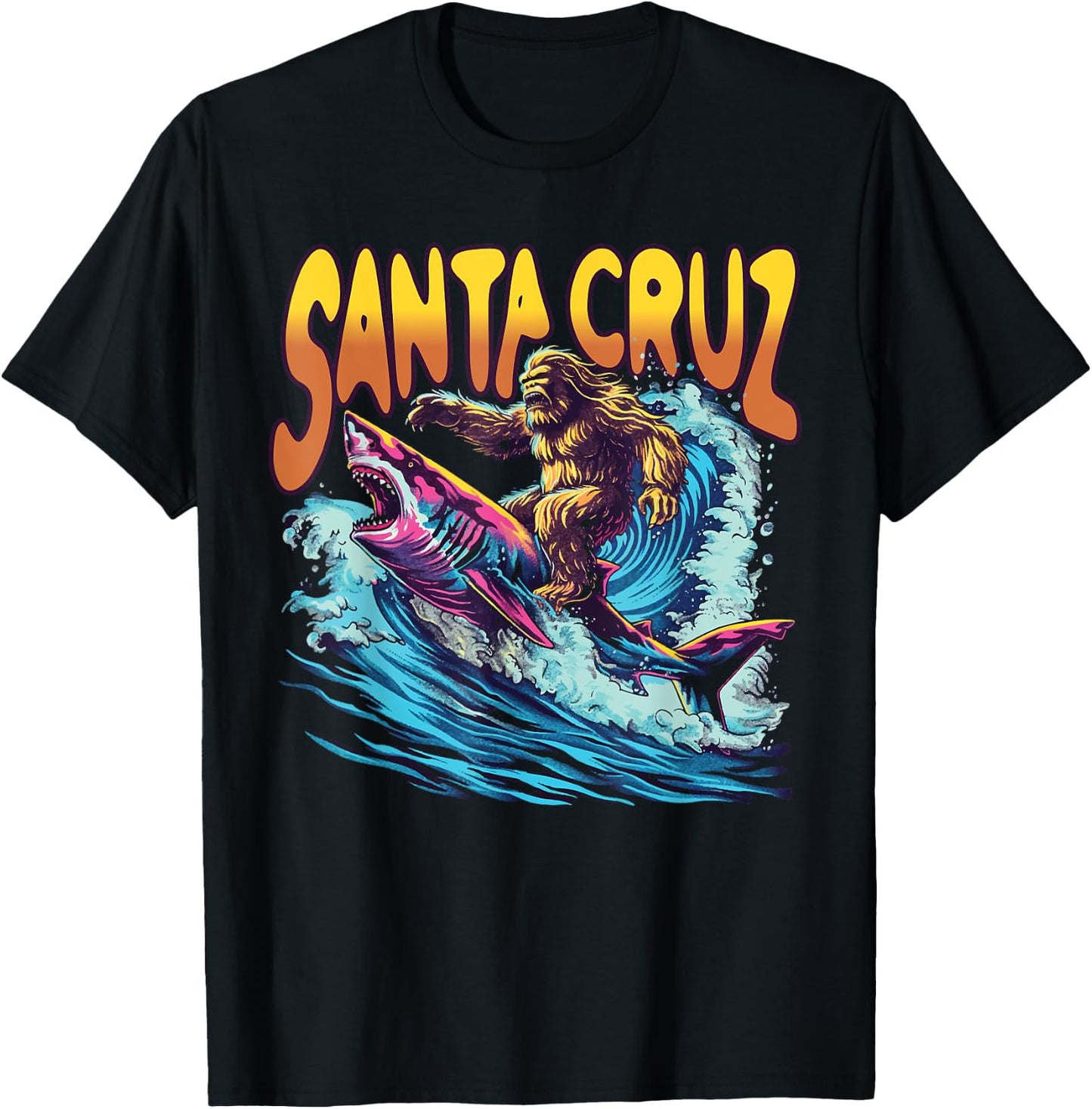 Santa Cruz California Summer Surfing Bigfoot Shark Men Women Kids T-Shirt - T-Shirt | Black