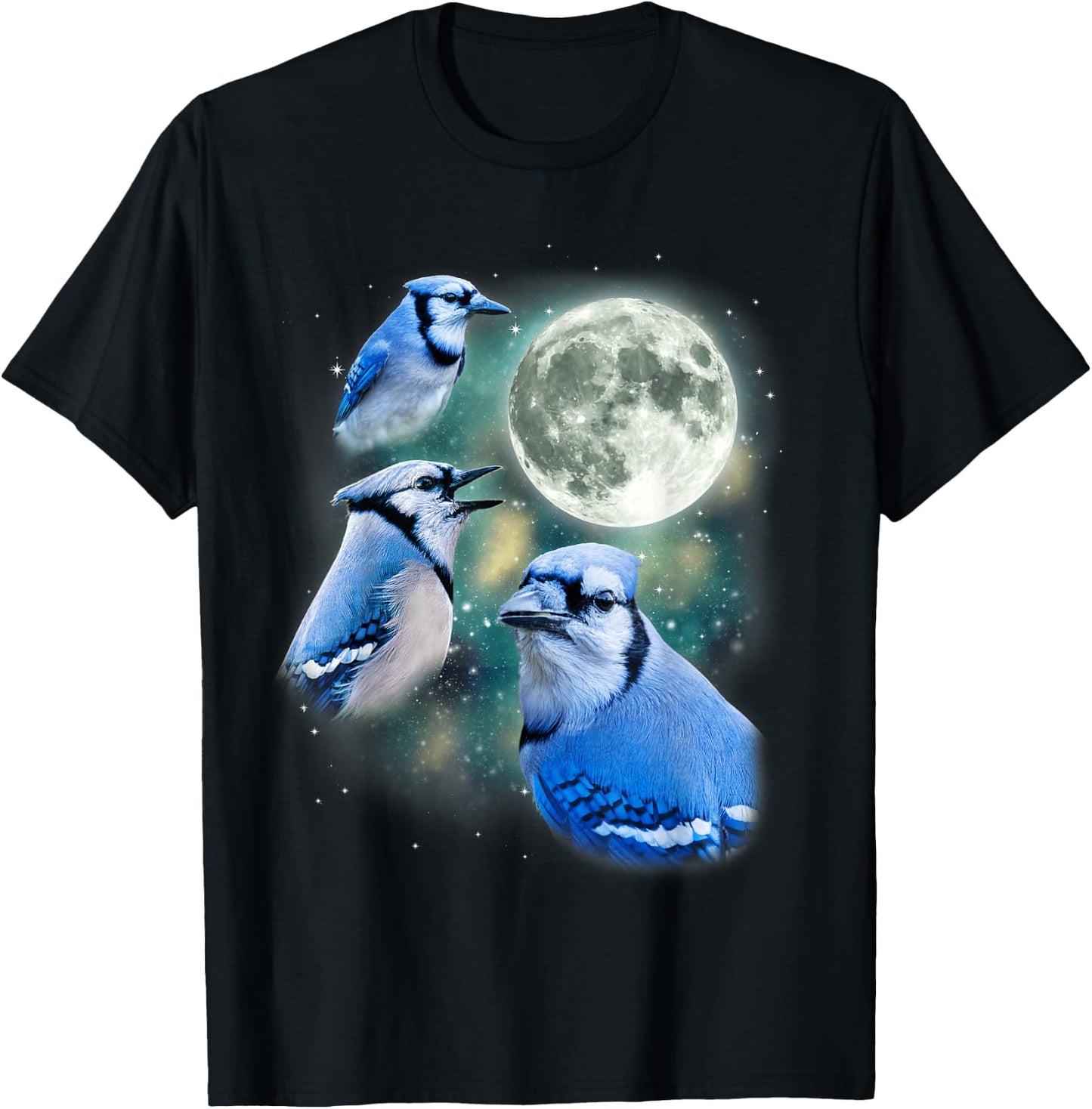 Three Blue Jay Moon Avian Wildlife Birdwatching Bird Lover T-Shirt - T-Shirt | Black