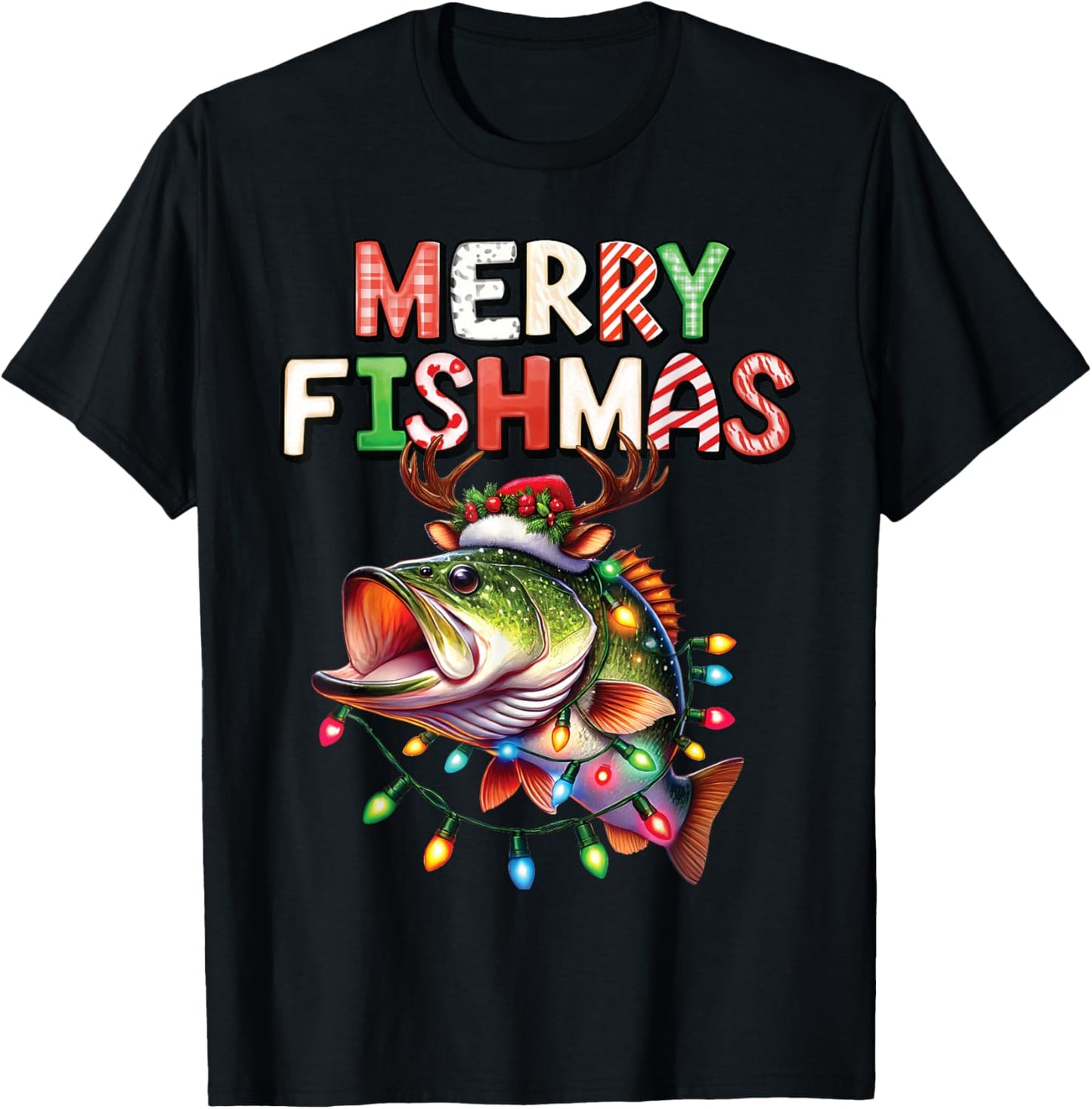 Merry Fishmas Santa Fishing Lovers Funny Fisherman Christmas T-Shirt - T-Shirt | Black