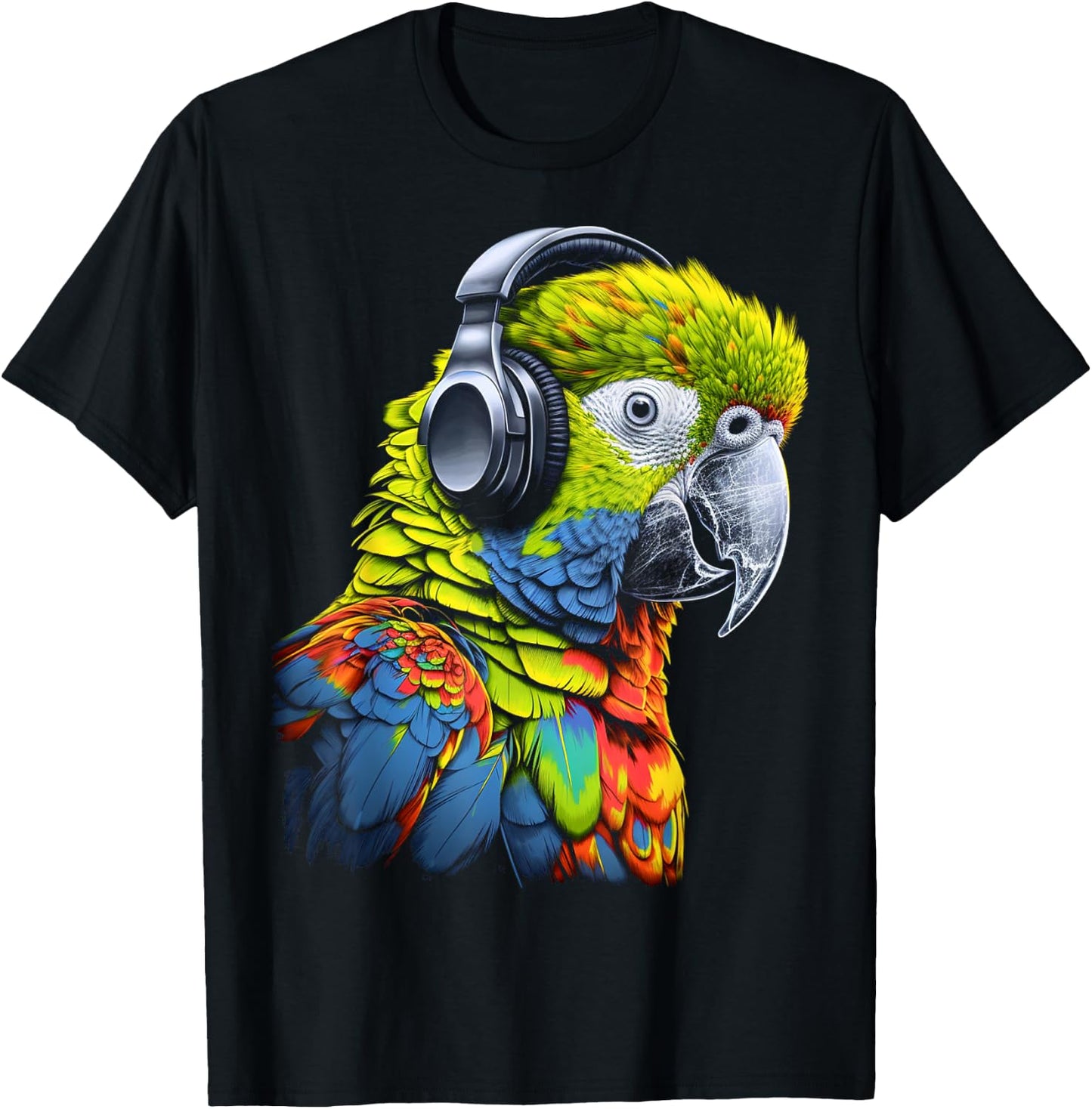 Parrot Music Art Headphones Musicians Animal Bird Parrot T-Shirt - T-Shirt | Black