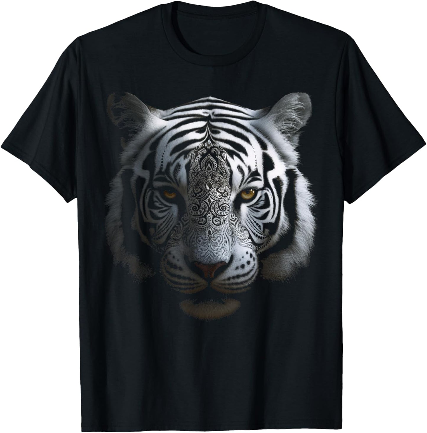 White Tiger Artwork - Mandala Animal Art Tiger T-Shirt - T-Shirt | Black