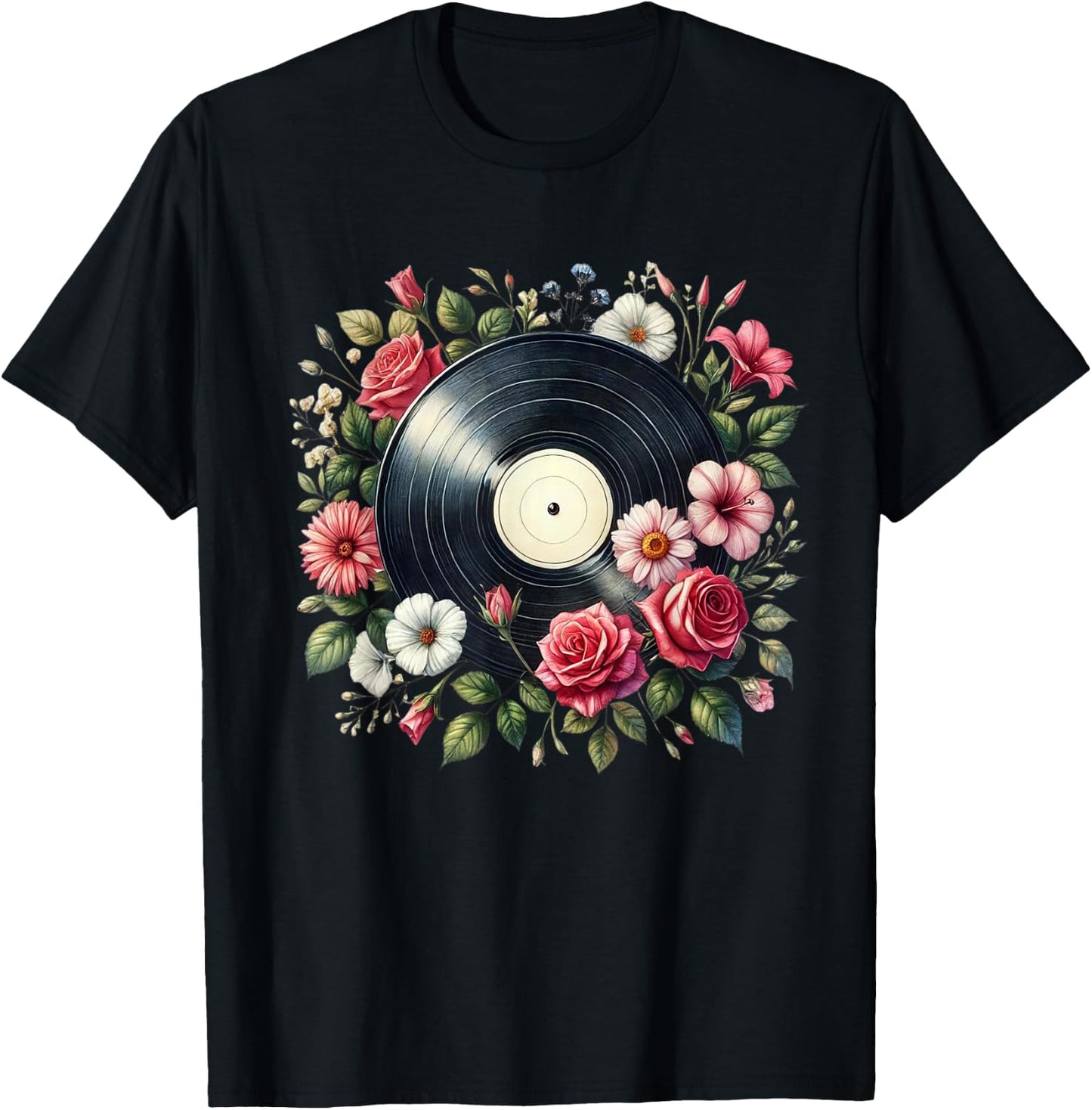 Vinyl Record Flower Men Disc Jockey Vinyl Lover T-Shirt - T-Shirt | Black