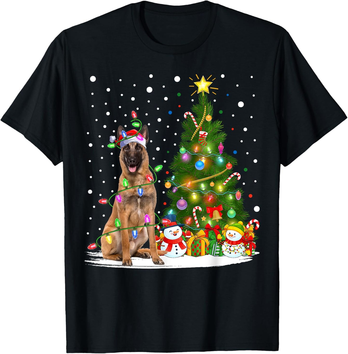 Lighting Xmas Tree Santa Belgian Malinois Dog Christmas Men Women Kids T-Shirt - T-Shirt | Black