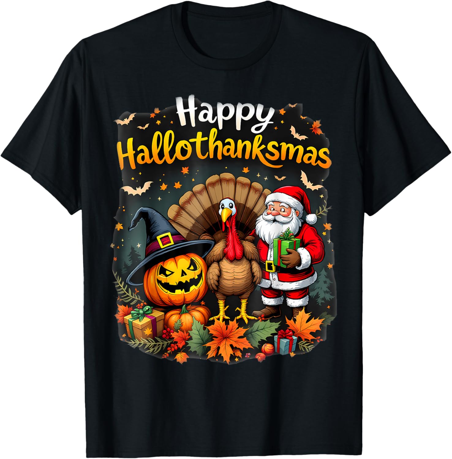Happy Hallothanksmas Thanksgiving Halloween Merry Christmas T-Shirt - T-Shirt | Black