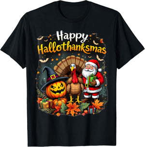 Happy Hallothanksmas Thanksgiving Halloween Merry Christmas T-Shirt - T-Shirt | Black
