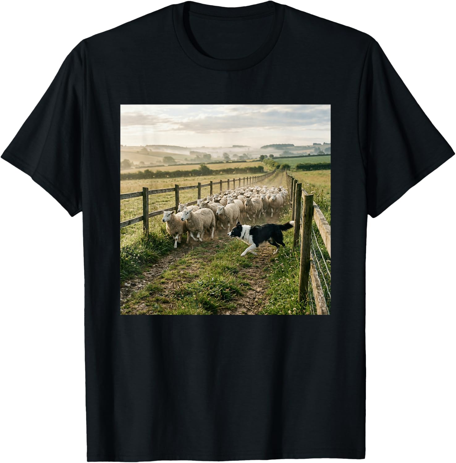 Border Collie Herding Sheep Countryside Farm Scene T-Shirt - T-Shirt | Black