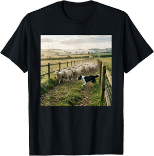 Border Collie Herding Sheep Countryside Farm Scene T-Shirt - T-Shirt | Black